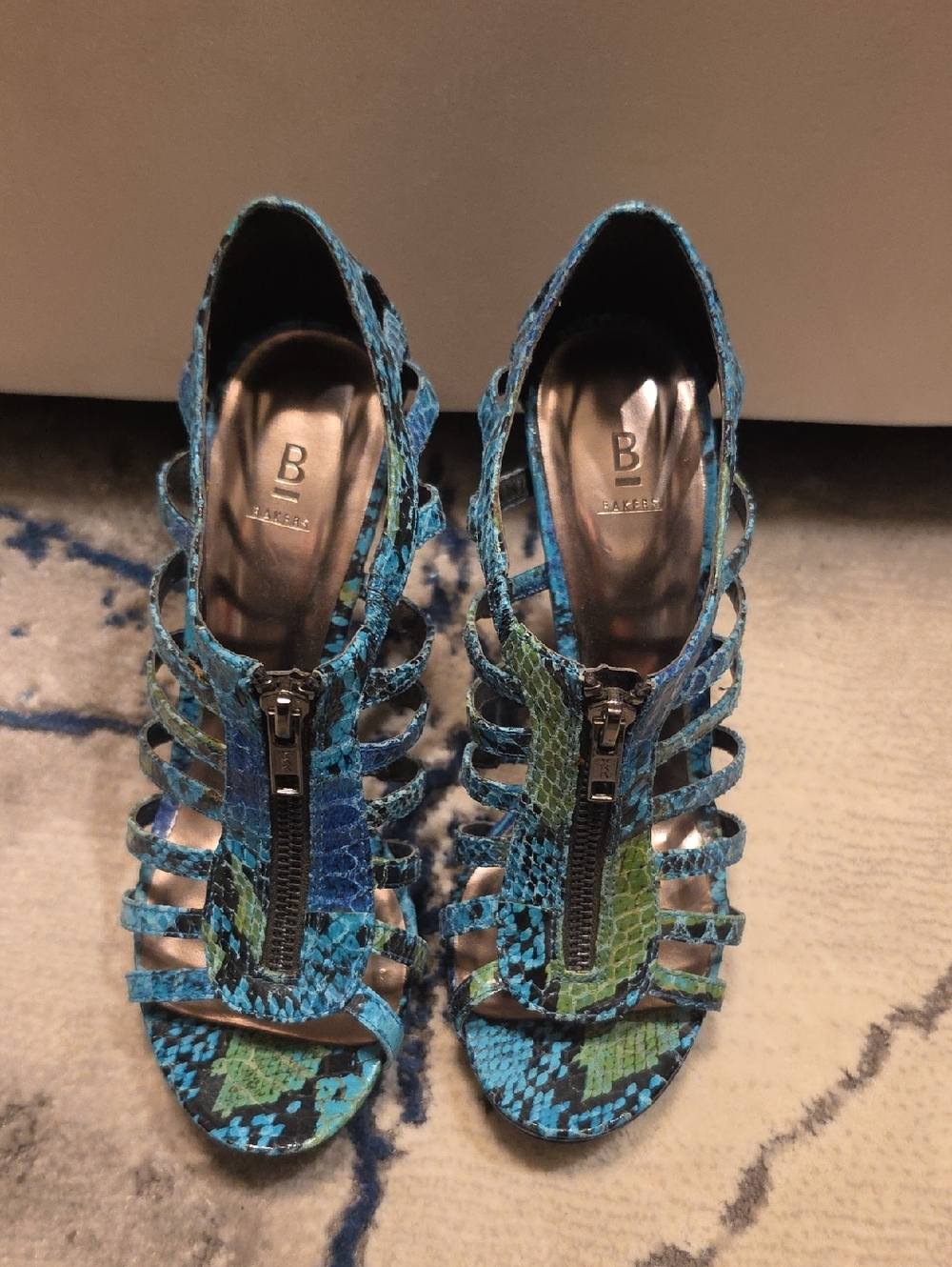 Bakers Blue & Green Snake-Print Strappy Zip Heels
